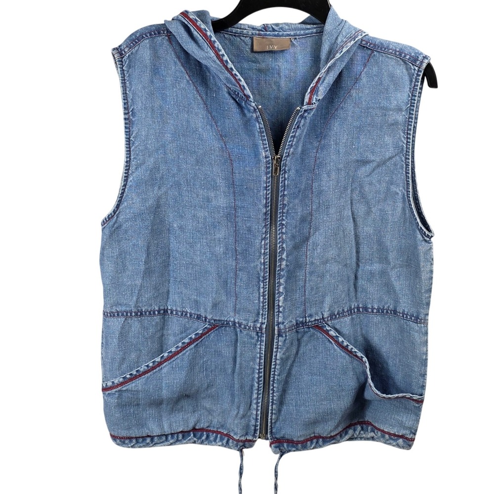 IVY Womens Hooded Denim‎ Vest Full Zip Sleeveless Blue Red Trim